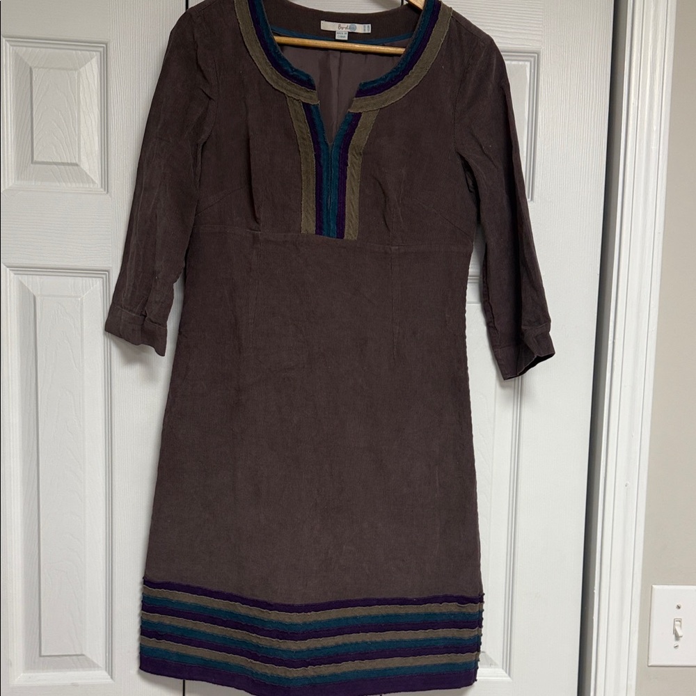 Boden Brown Corduroy Dress with Teal and PurpleAccents V-Neck Sz 12R